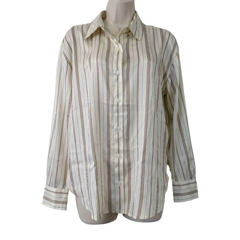 Banana Republic Classic Perfect Silky Shirt Stripe Button Up Brown Size M NEW - Picture 2 of 13